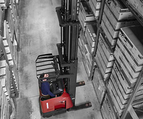 Photo of a single red Raymond forklift