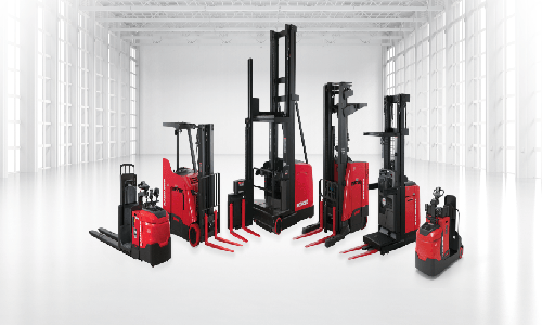 Lineup of Raymond forklift trucks in a bright warehouse, offered by Werres Corporation for material handling solutions
